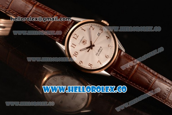 Tag Heuer Carrera Calibre 5 wiss ETA 2824 Automatic Steel Case with White Dial and Brown Leather Strap - Click Image to Close